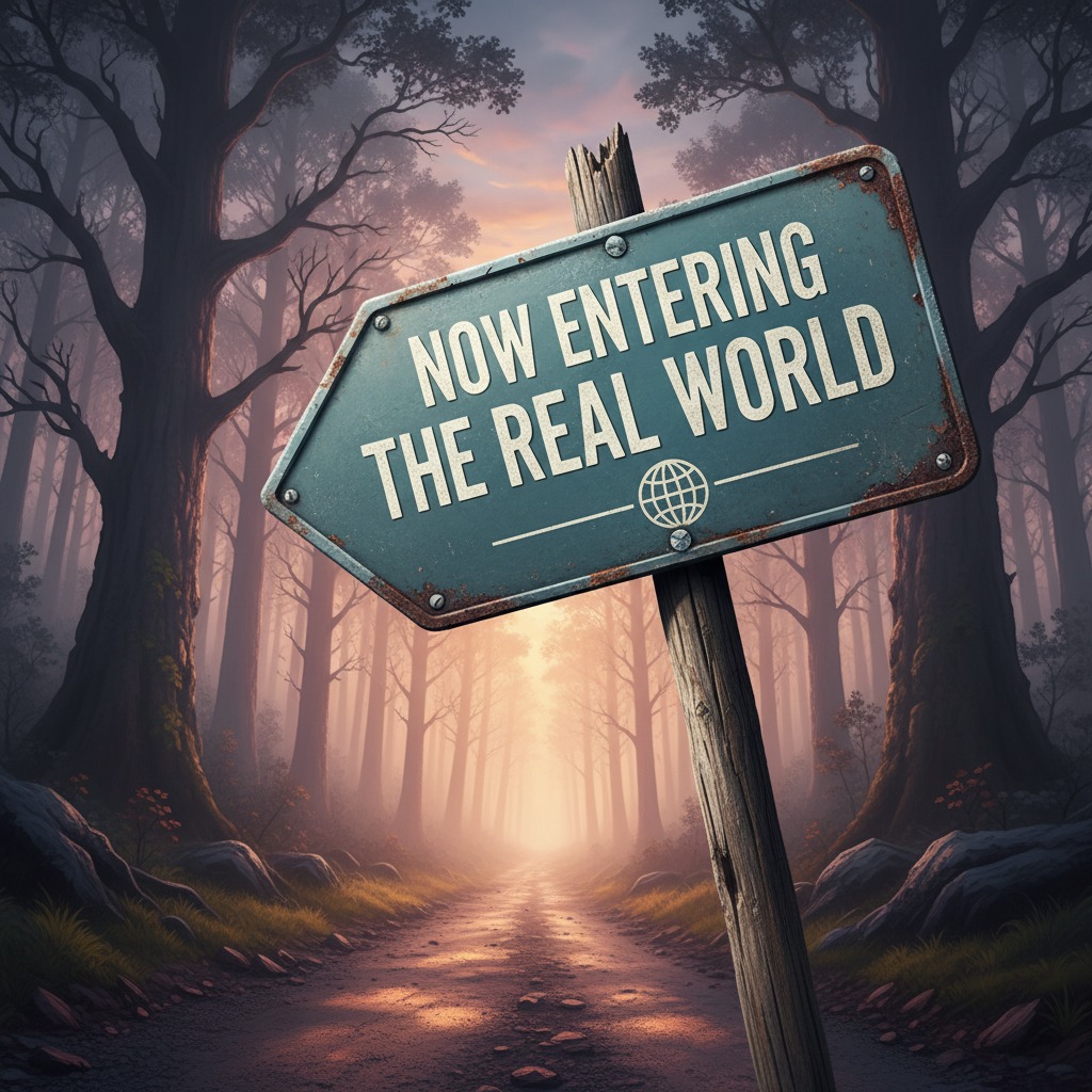 A weathered, teal arrow-shaped sign on a wooden post stands along a dirt path in a misty forest, bearing the text "NOW ENTERING THE REAL WORLD".